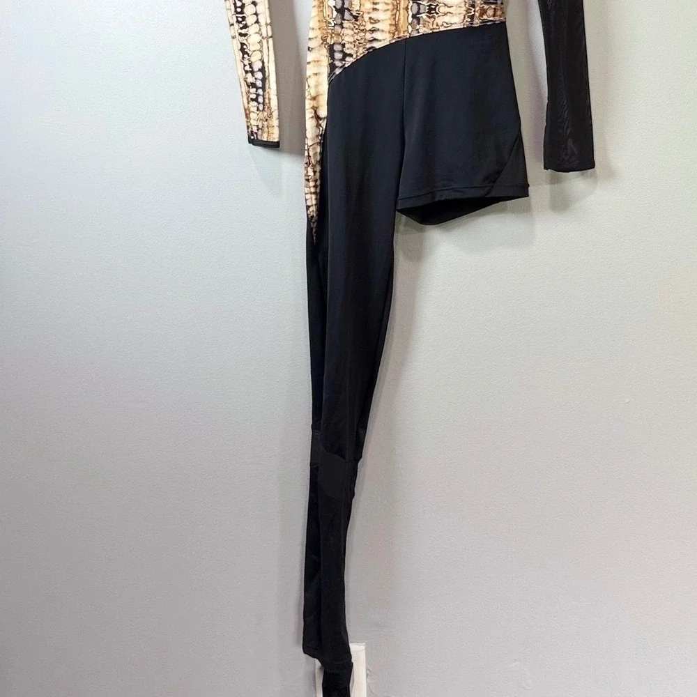 Weissman‎ Asymmetrical Dance Unitard Black Snakeskin Mesh Cutout Small Adult SA